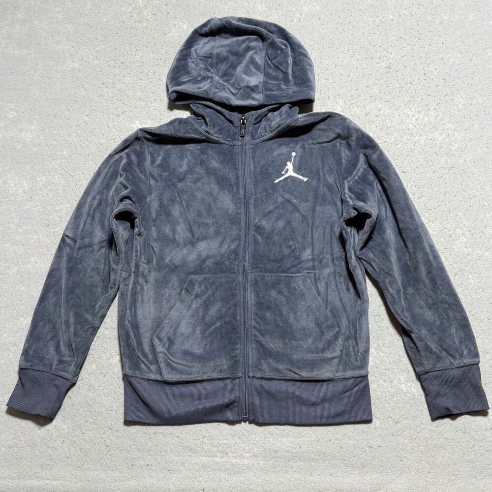 Jordan Jacket Youth Medium Unisex Gray Velour Full Zip Hooded Pockets Logo